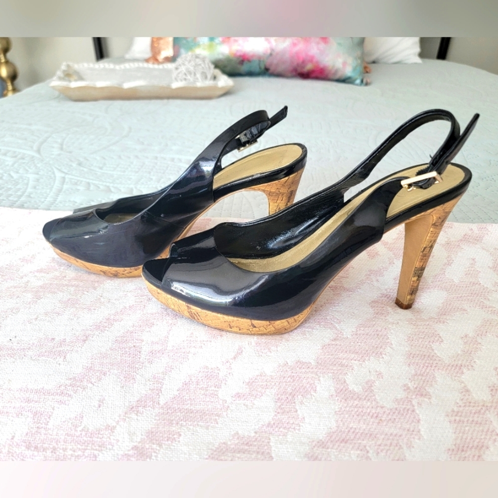 Black Open Toed Patent Leather/Cork Sole Jessica Simpson Heels, Women's 7.5